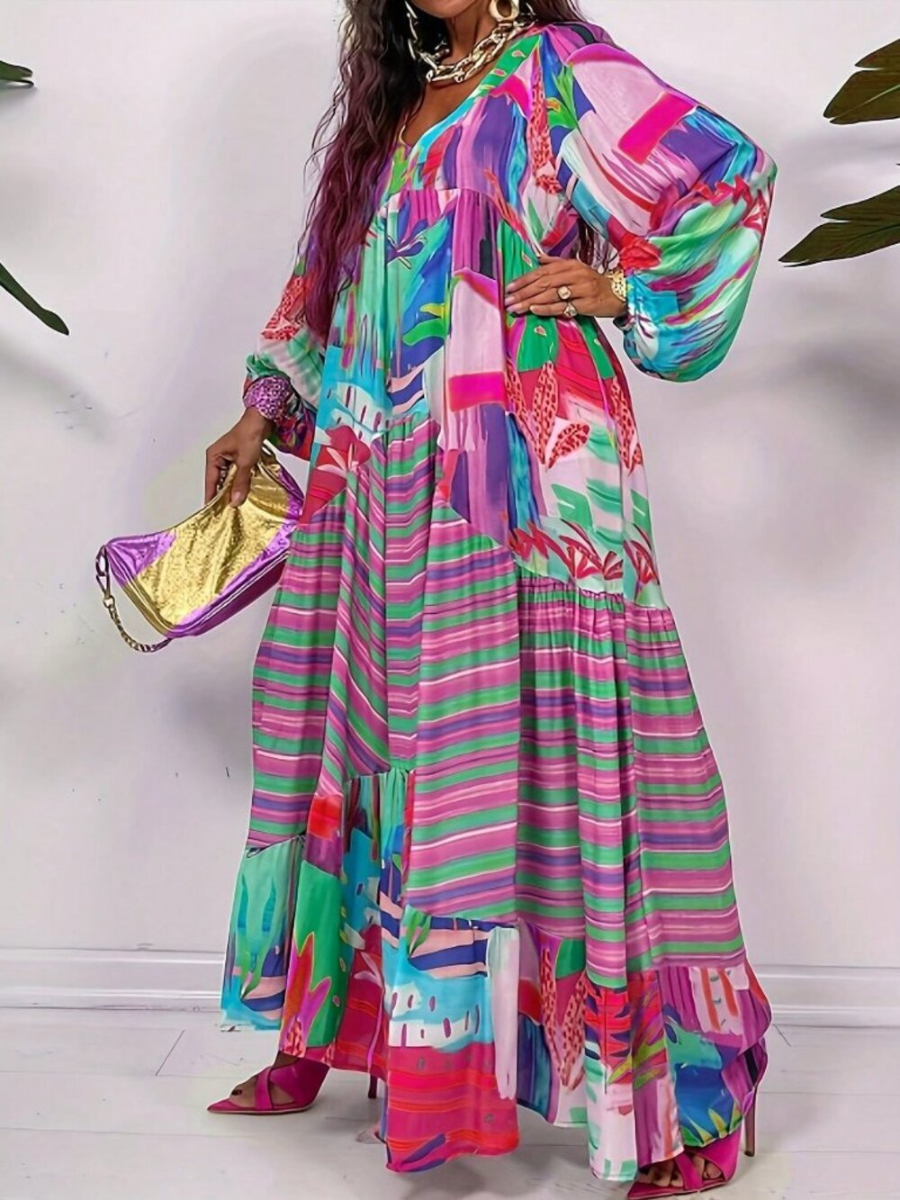 multicolor Modest Women's Plus Size V-Neck Loose maxi Dress